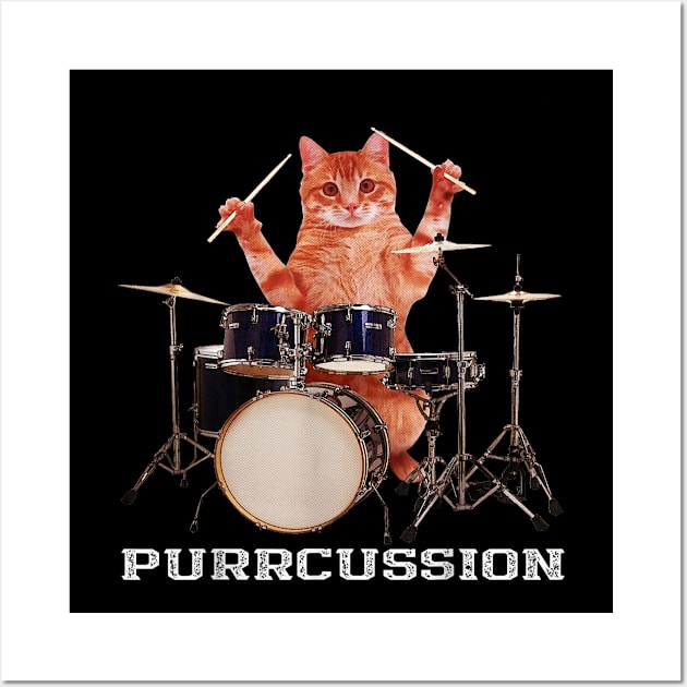 Purrcussion - Funny Cat Drummer On Drum Set Percussion Pun Wall Art by elmiragokoryan